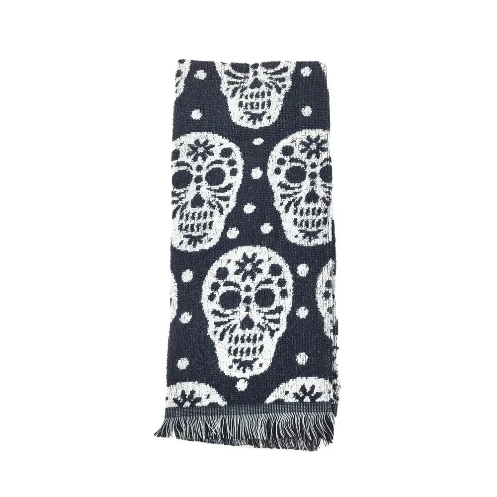 Deborah Connolly Sugar Skull Kitchen Towels Set of 2 Black White Fringe NWOT